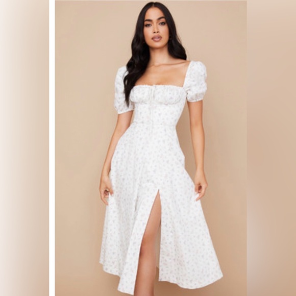 House of CB Dresses & Skirts - House of CB White Floral Square-Neck Midi Dress with Puff Sleeves